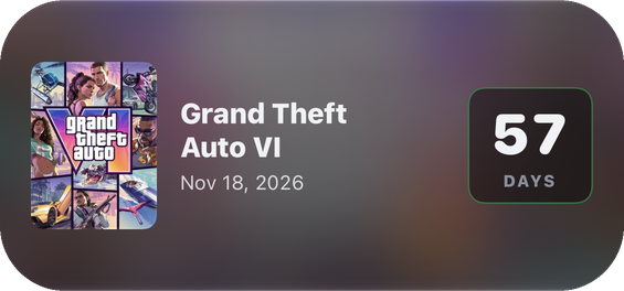 The Lobbies widget on an iPhone Home Screen, counting down 57 days to Grand Theft Auto VI