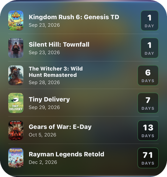 A larger Lobbies widget listing six upcoming games with the days left until each one